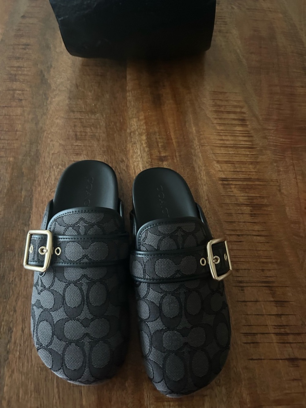 Coach Women's Archival Signature Jacquard Clogs in Black with Gold Buckle - Picture 3 of 5